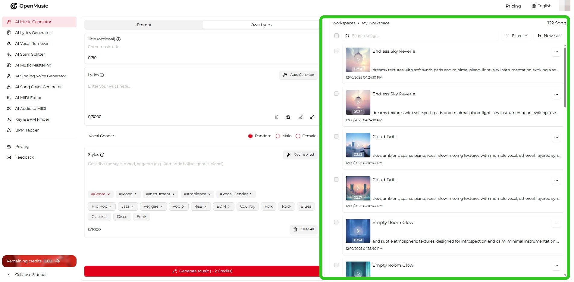 Music generator workspace