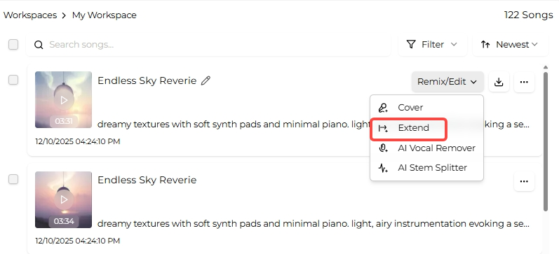 Choose song to extend